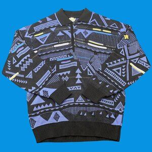 Vintage Descente Pullover Sweater Mens Medium Black & Blue Geometric Wool Blend